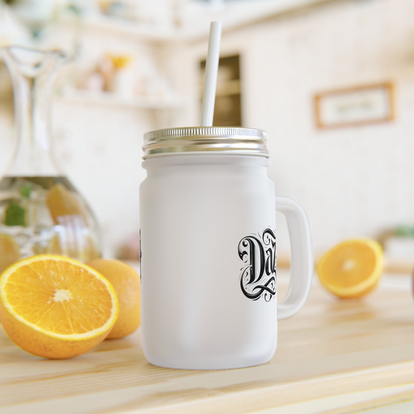 Diamond design glass jar with straw
