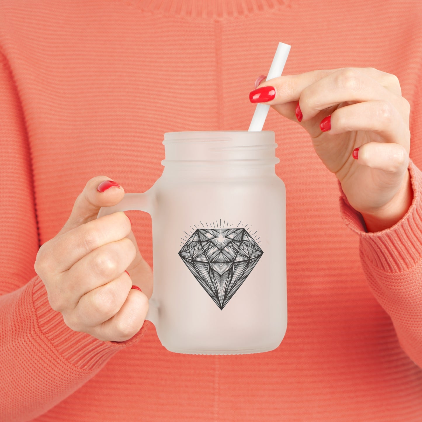 Diamond design glass jar with straw