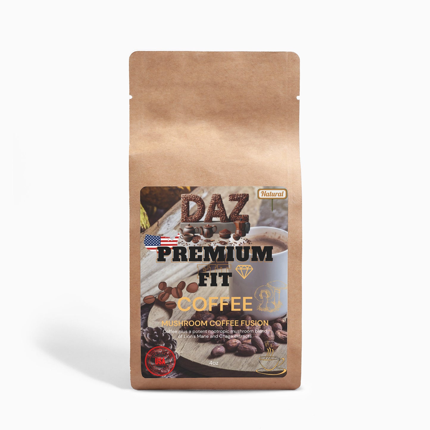 Fusión de café con champiñones - Melena de león y Chaga DAZ Premium Fit 4oz