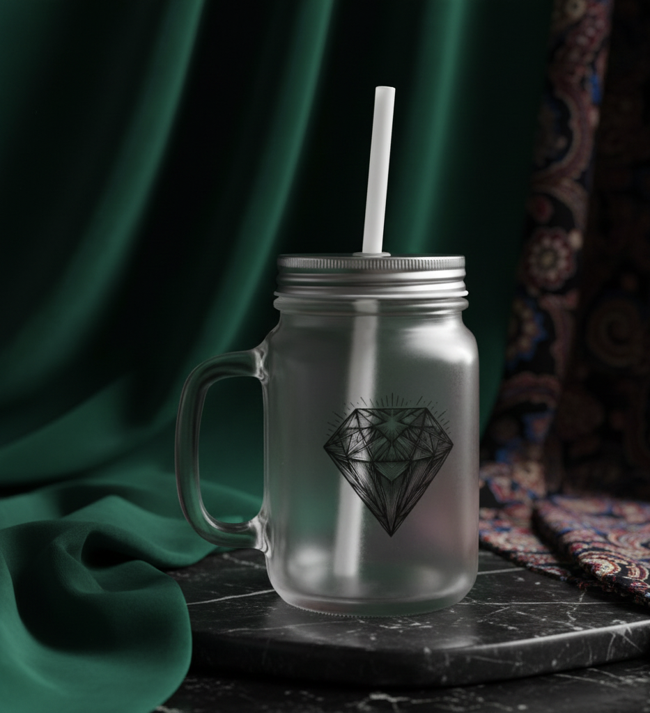 Tarro de cristal con diseño de diamante y pajita