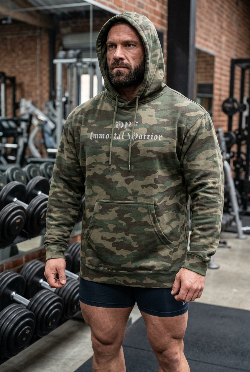 Sudadera DPF Immortal Warrior de camuflaje bosque con modelo masculino y capucha puesta