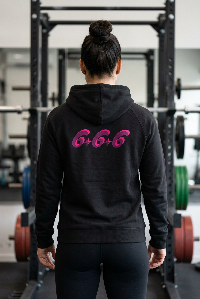 Sudadera de mujer DPF negra, vista trasera con estampado 6+6+6