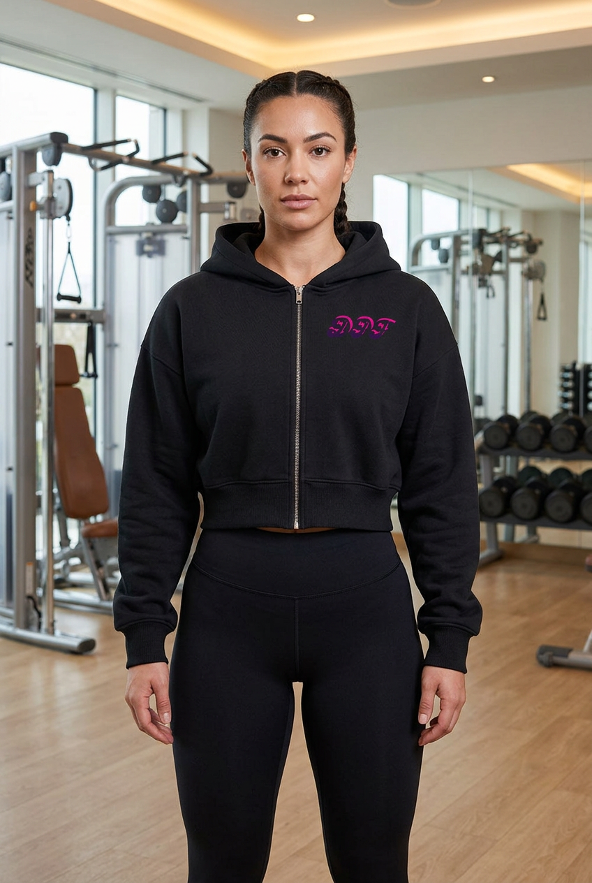 Sudadera corta de mujer DPF negra con cremallera, vista frontal en gimnasio