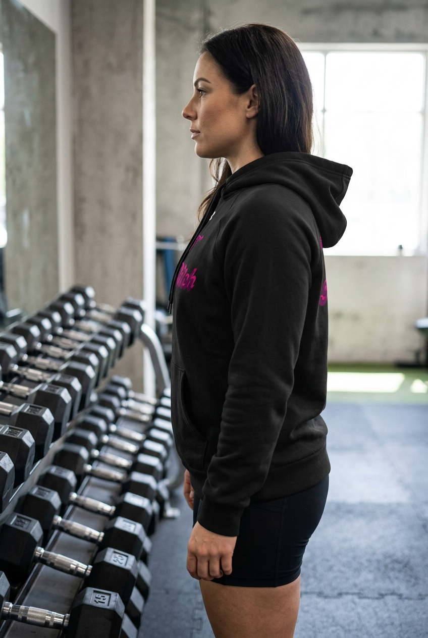 Sudadera de mujer DPF negra, vista lateral en gimnasio