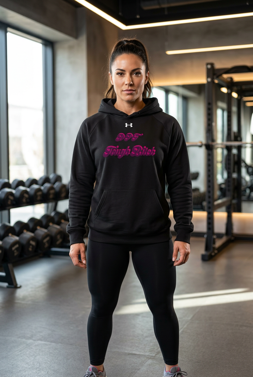 Sudadera de mujer DPF Tough Bitch negra, vista frontal en gimnasio