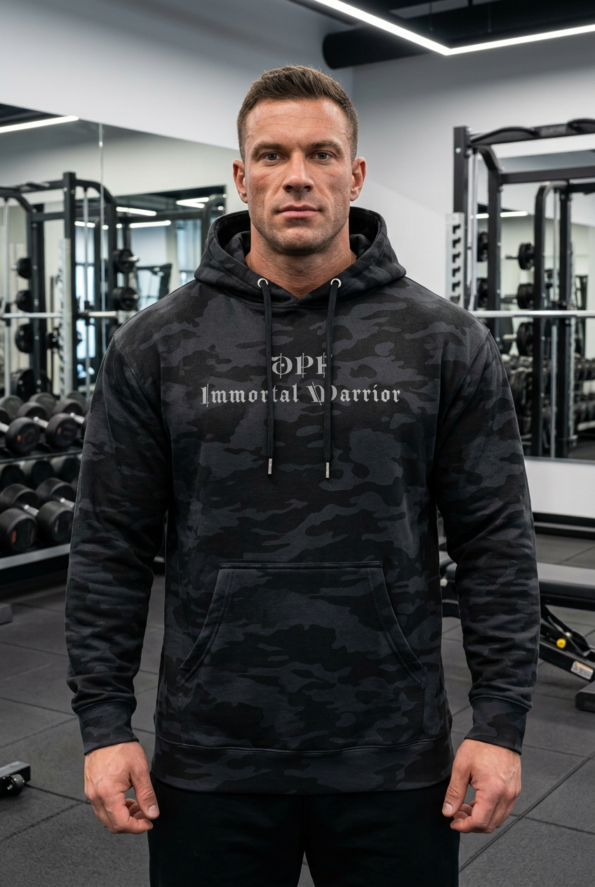 Sudadera DPF Immortal Warrior de camuflaje negro, vista frontal con modelo masculino en gimnasio