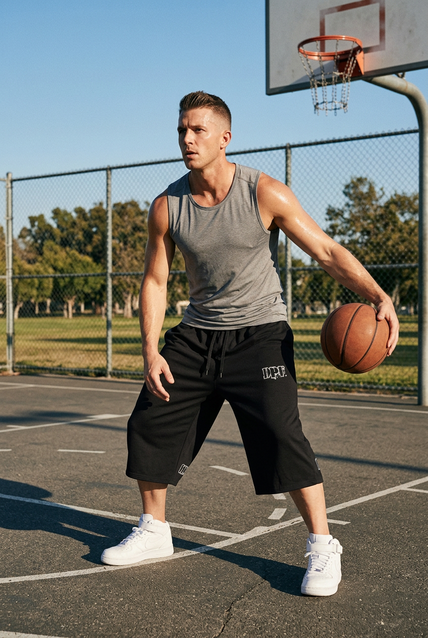 Shorts DPF Immortal Court con modelo y balón en cancha de baloncesto, imagen generada con IA