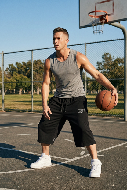 Shorts DPF Immortal Court con modelo y balón en cancha de baloncesto, imagen generada con IA