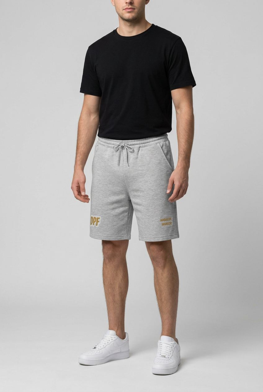 Shorts DPF Immortal grises con modelo masculino, imagen generada con IA