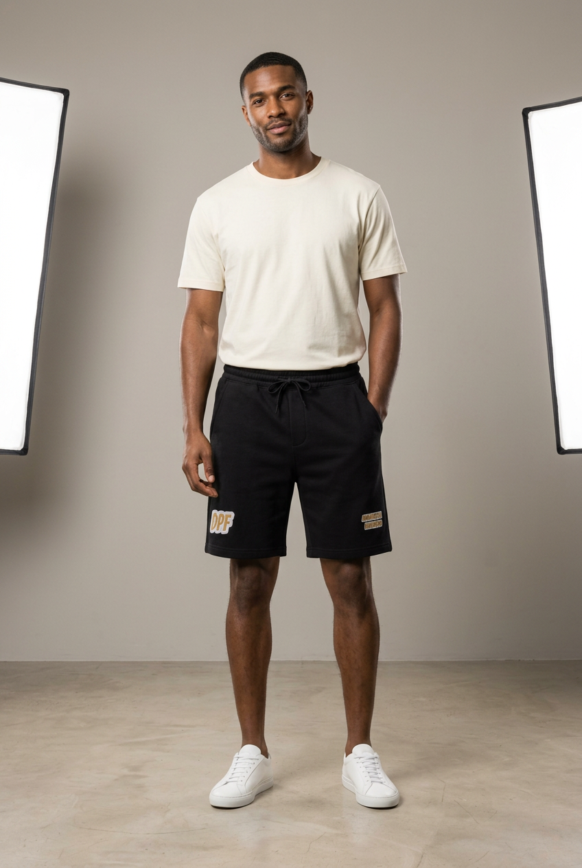 Shorts DPF Immortal negros con modelo masculino, imagen generada con IA